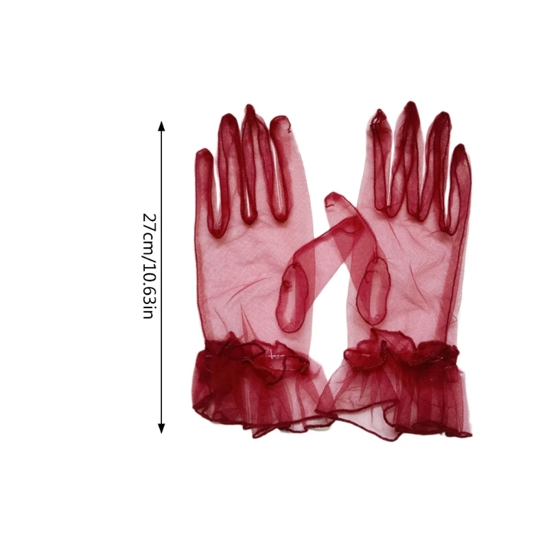 Ultra-thin Transparent Mesh Gloves Women Lace Full Finger Short Tulle Gloves Solid Stretchy Wrist Length Wedding Party Mittens