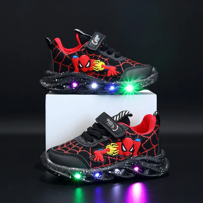 Spring Autumn Boys Spiderman Mesh Breathable Sport Shoes Disney LED Children\'s Sneakers Kids Casual Shoes Light Shoes for 0-6Y