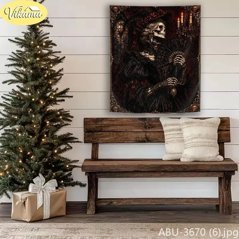 VIKAMA Dark Skeletal Children Sleigh Lantern Hamlet Wall Tapestry Noir Victorian Winter Snow Village Festive Room Home Decor