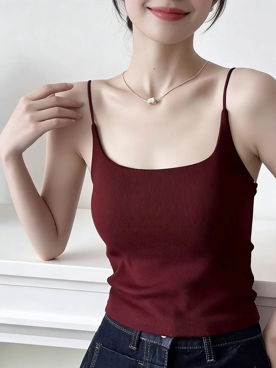 Red  Strap Vest Women's Suit Inner Wear Beautiful Back Bra Integrated Chest Pad Flocking Base Top Slim Fit U-Neck Polyest...