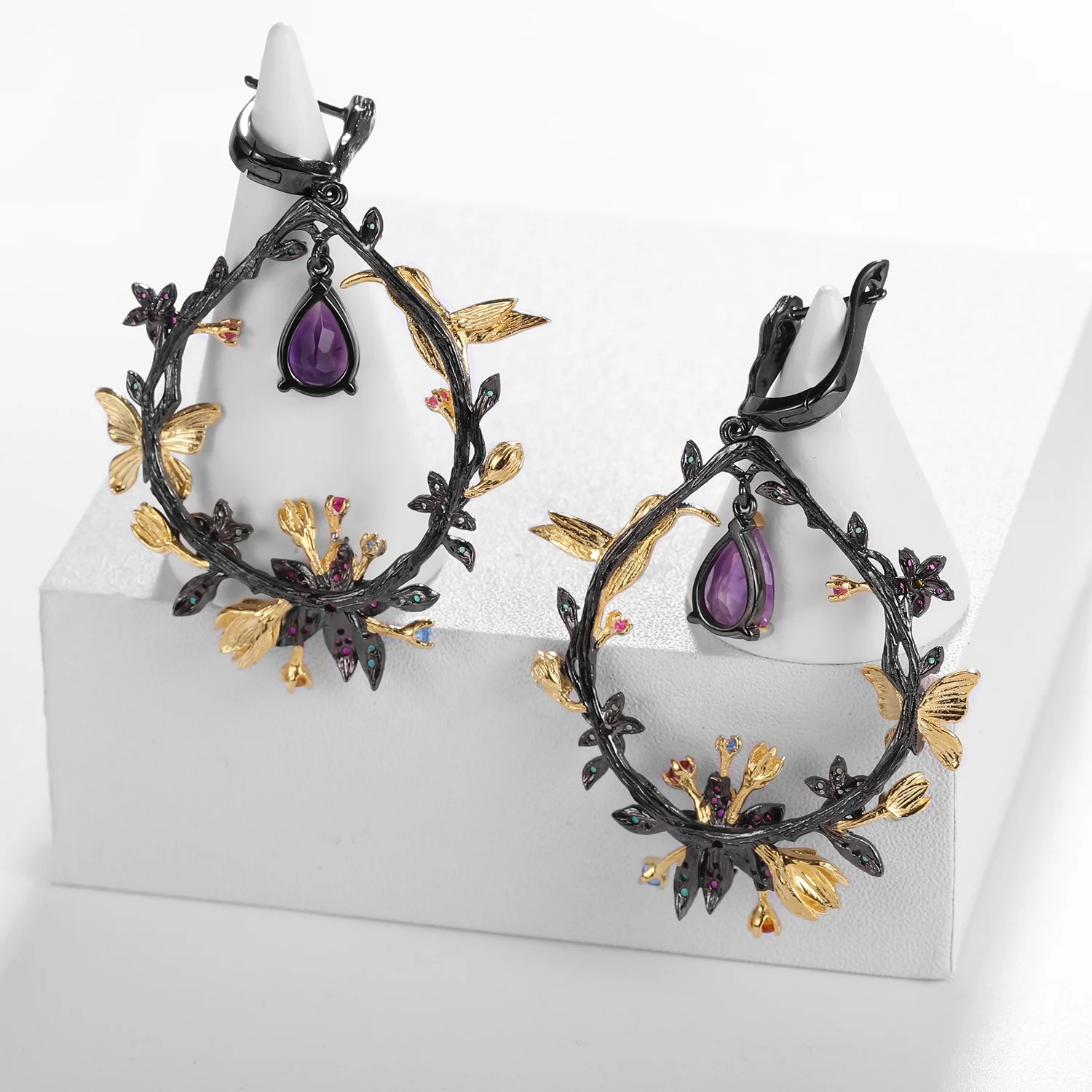 Fancy Natural Amethyst Gemstone 925 Silver Gold Plated Bird Butterfly and Multi Color Flower Big Hoop Earrings