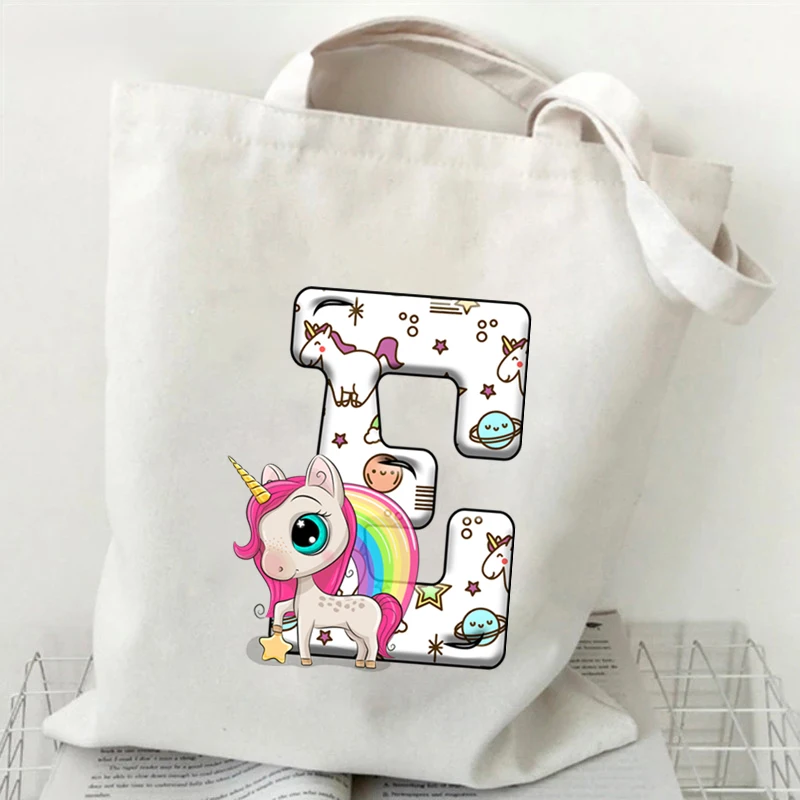 Woman’s Unicorn Alphabet White Print Tote Bag Harajuku Shopping Bags Unisex Cartoon Style Cute Unicorn Shopper Shoulder Bag