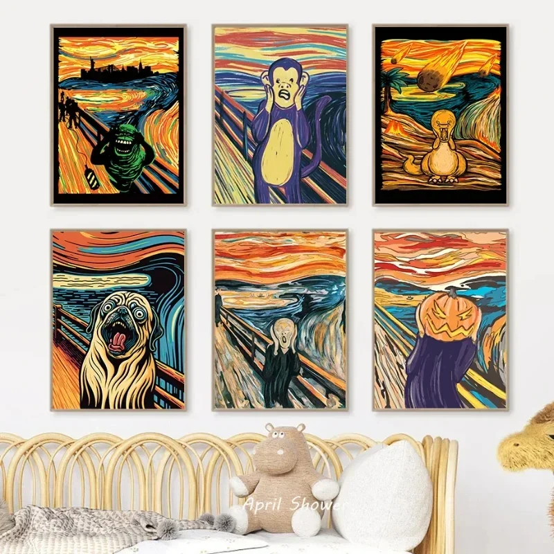 1pc frameless,Famous Canvas Painting Edvard Munch The Scream Abstract Funny Posters and Prints Wall Art Cat Dog Picture for Bedr