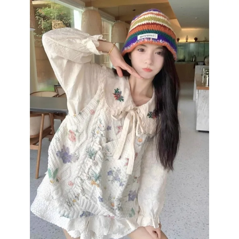 Large Size National Style Floral Disc Buckle Knitted Vest Doll Collar Long Sleeve Shirt with Two Sets of Trendy Exquisite Simple