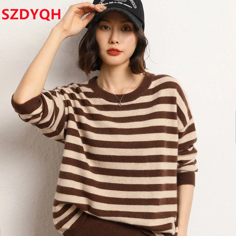 2023 Hot Sale Autumn Winter Women\'s 100% Cashmere Sweater O-Neck Striped Warm Pullover Female Loose Large Size Knitted Jumper