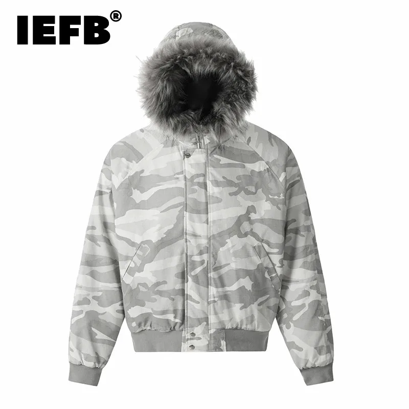 IEFB American Style Men\'s Padded Jackets Hooded Fur Collar Camouflage Worn-out Washed Loose Male Thick Coats Winter New 9C8600