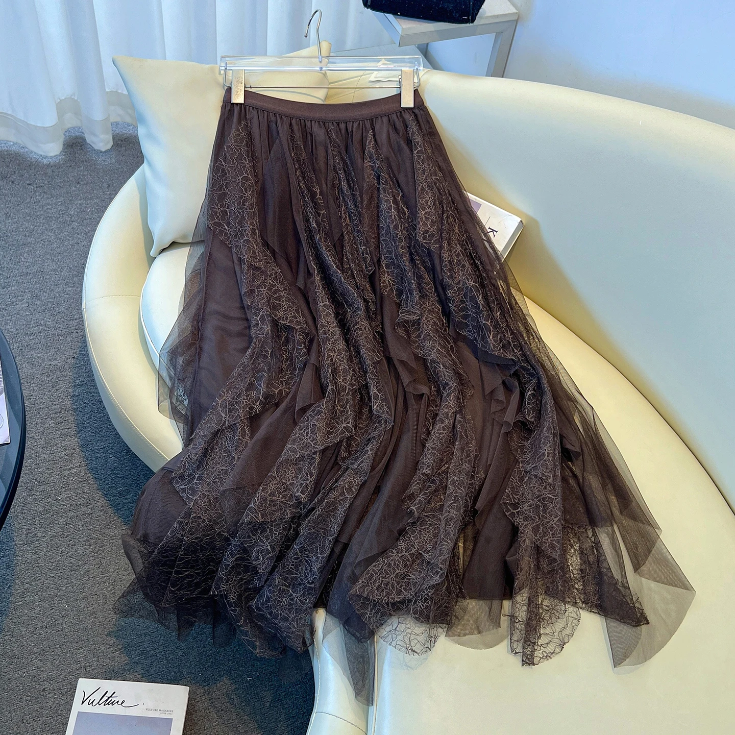 High Waist A-Line Midi Skirt Irregular Lace Trim Mesh Women's Autumn Winter New Style Slimming Skirts Korean Style Breathable