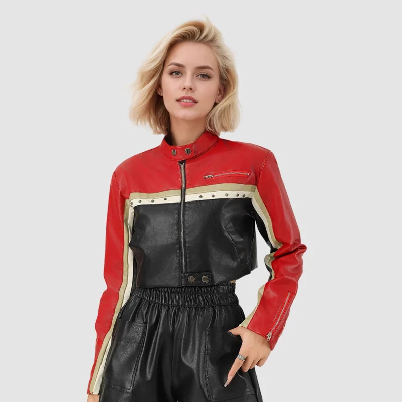 Contrast Splicing PU Leather Short Jacket Cool Handsome Motorcycle Style Hot Girl Waist Jacket New Fashion Women's Zipper Coat