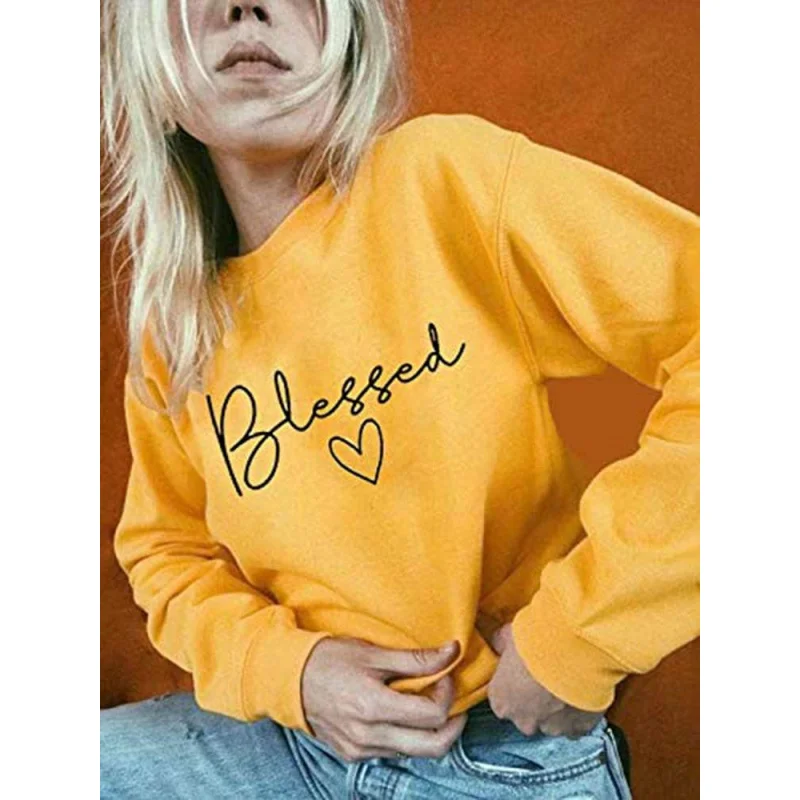 Sweatshirt lengan panjang wanita, atasan Pullover ringan bercetak pola huruf warna kuning Thanksgiving