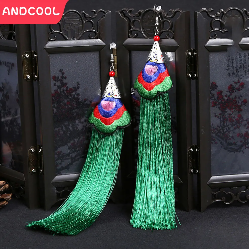 Ethnic Tassel Earrings Women Gift Petal Long Drop Earrings 2024 Trend Women's Jewelry Decoration Vintage Bohemia Green Earrings