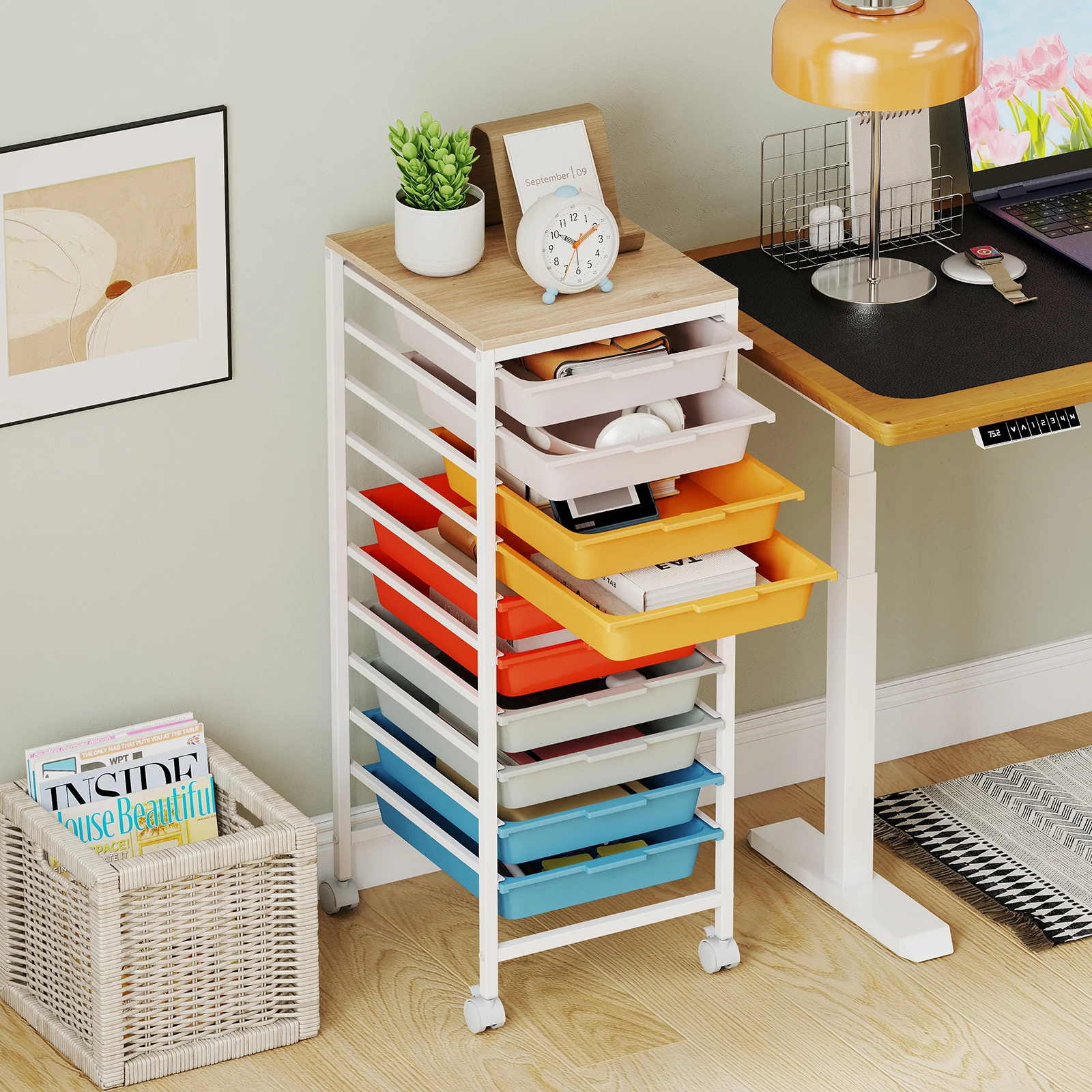 

Мобильная тележка-органайзер на 10 ящиков с деревянной столешницей и блокируемыми колесами - Macaron