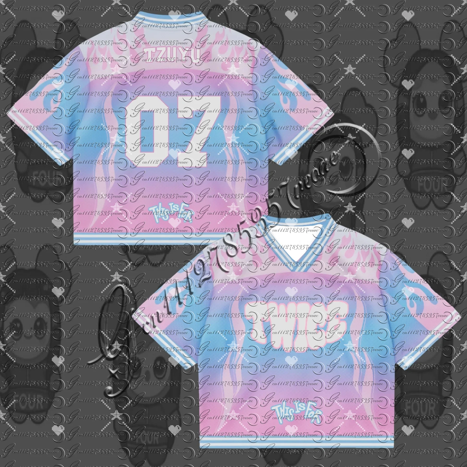 Camiseta Esportiva Unissex Kpop TWICE com Decote em V, Gradiente Rosa e Azul, Estampa 'This Is For', Moda Streetwear