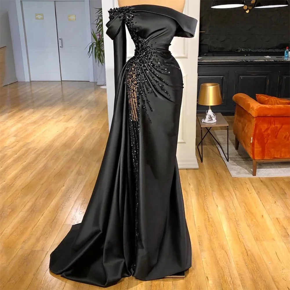 

Sexy Off Shoulder Beads Appliques Hign Split Mermaid Formal Evening Dresses Party Prom Gowns Customized
