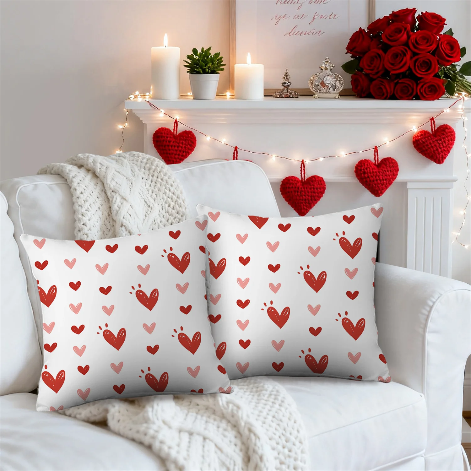 Valentine's Day Heart Pillow & Cushion Cover 2pcs – Red & Pink Hand-Drawn Love Pattern, Romantic Decor for Bedroom or Sofa