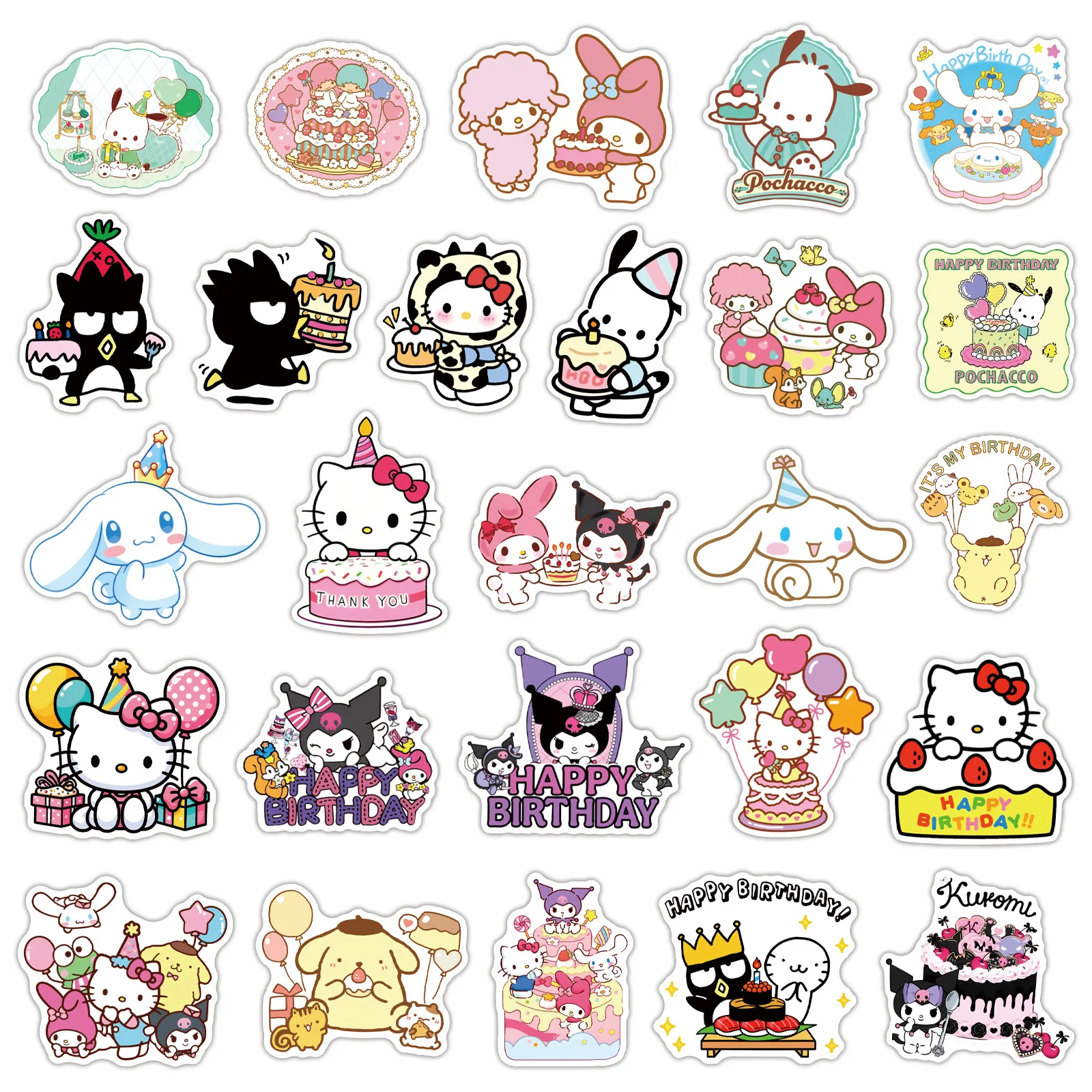 10/30/50 pçs sanrio feliz aniversário engraçado bonito olá kitty kuromi graffiti adesivos decorativos copo de água scrapbook mala decalque