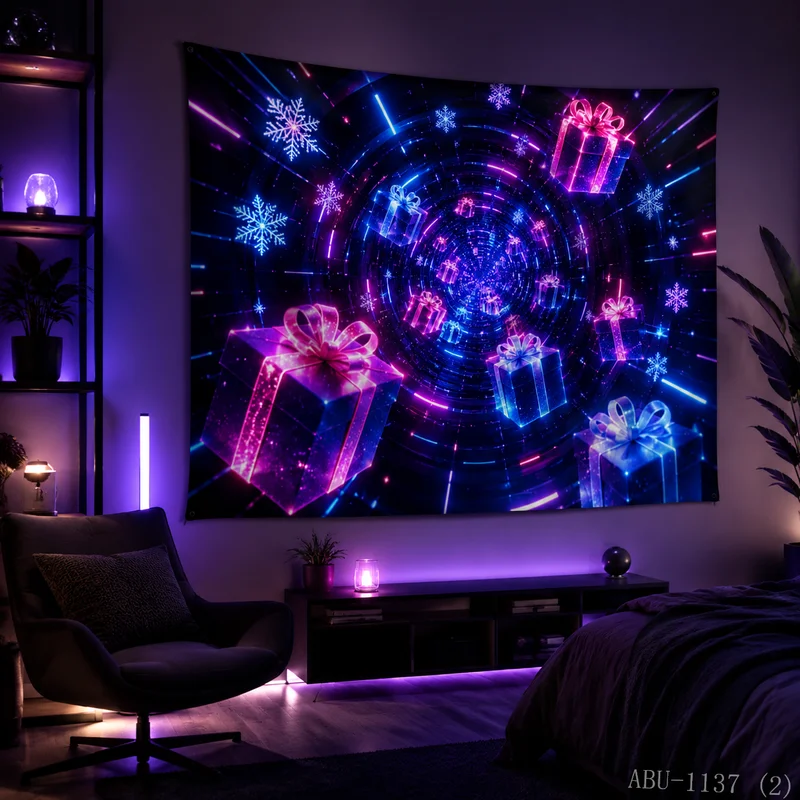 VIKAMA Cyber Time Tunnel Neon Gift Box Snowflake Christmas Tapestry HD Background Wall Room Decoration