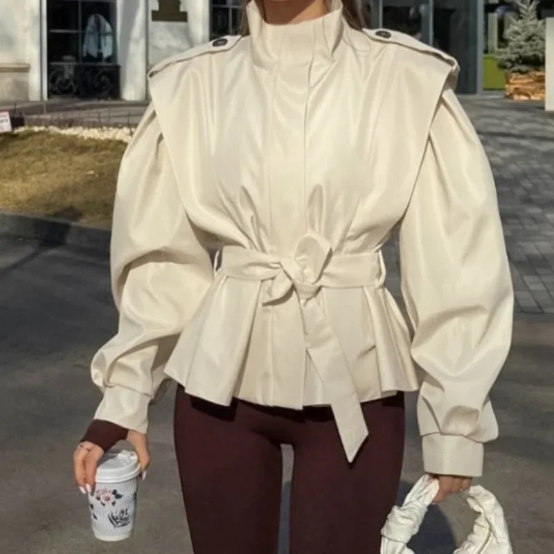 Solid Lapel Lace Up Jacket Elegant Women Fashion Long Sleeve Waist Cinching Short Coats 2026 Autumn New Office Commute Outwear