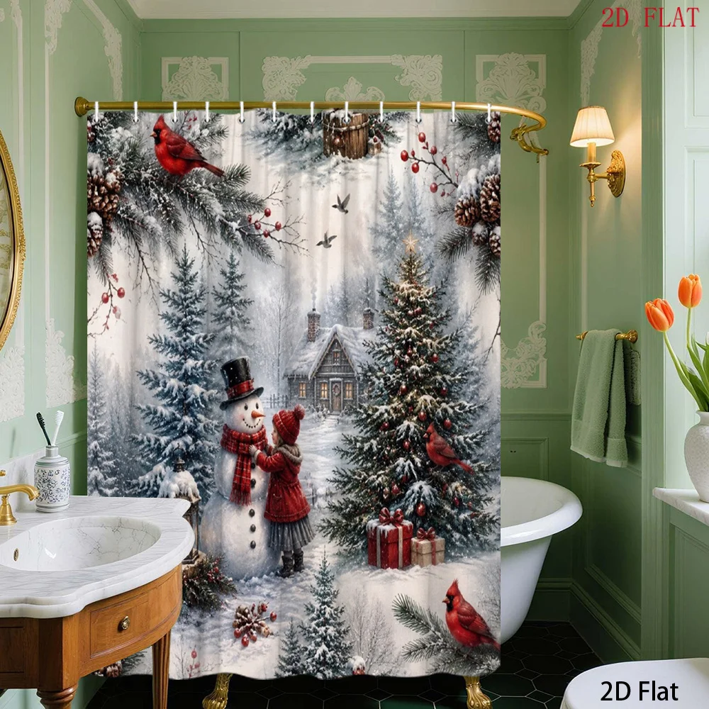 1pc Shower Curtain, Christmas Snowman & Cardinal Winter Holiday Scene, Cozy Seasonal Home Bathroom Decor