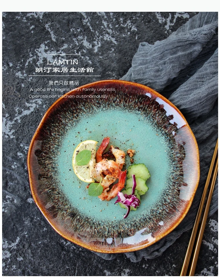 Prato de cerâmica europeu de 8 polegadas, prato de bife ocidental, macarrão, prato doméstico, forno, transutação, esmalte, pratos da china