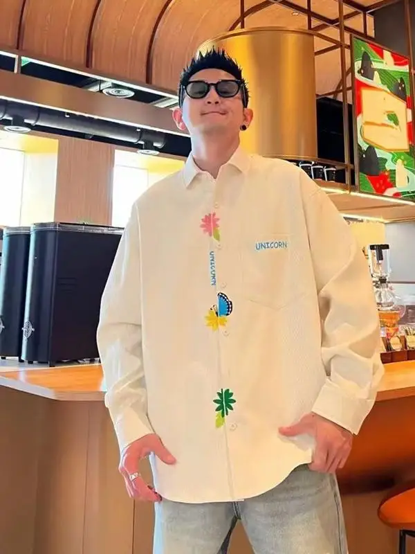 

Spring Men's Casual Faion Long Sve irt Embroidery Texture Couple Loose Fit Heavy Stitch Color Blo Design M Model