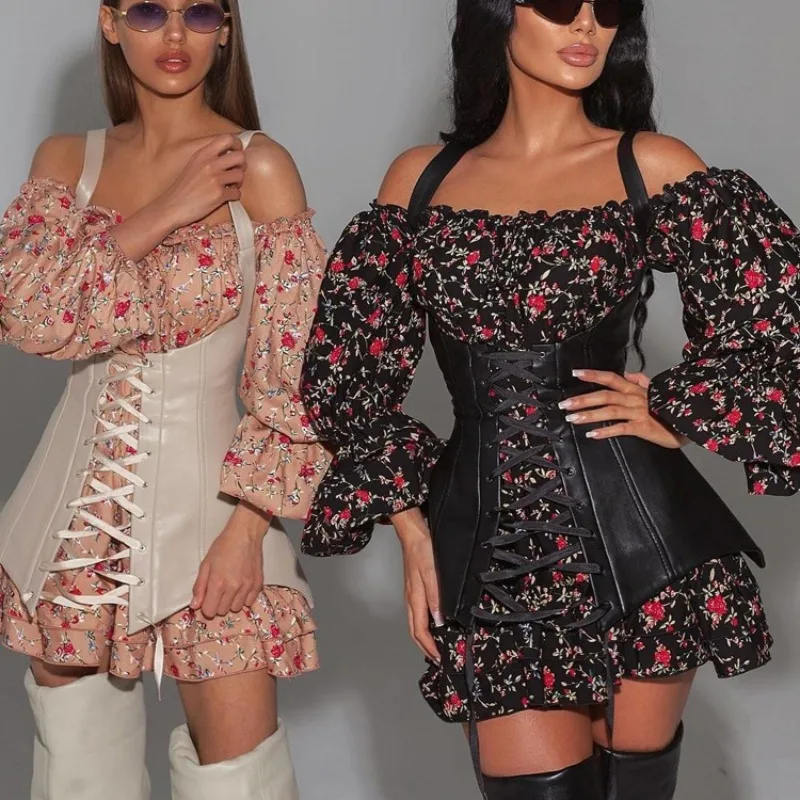 

2023 Autumn Winter Floral Printing Suit Women Slash Neck Off-the-Shoulder Lantern Sleeve Dress Spaghetti Strap Bandage Vest Suit