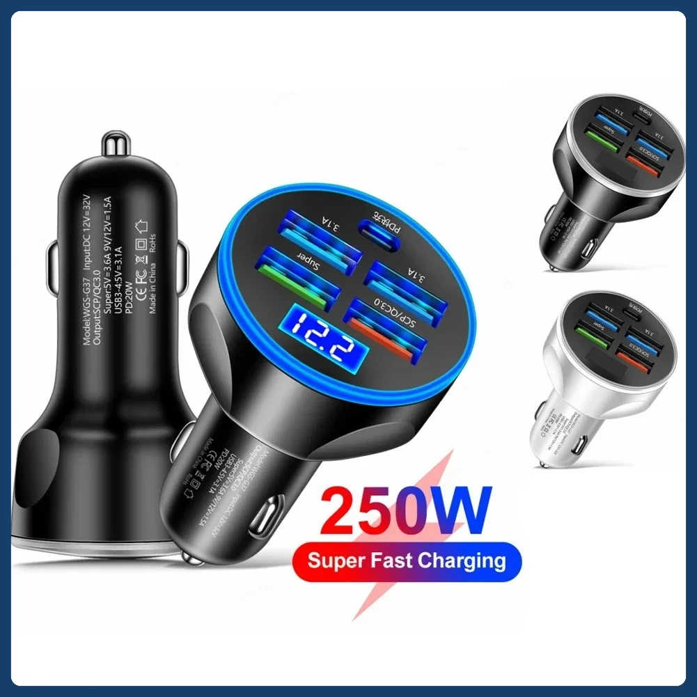 250 واط PD شاحن سيارة 5 منافذ شحن سريع PD QC 3.0 USB C سيارة شاحن سريع نوع-C محول في سيارة آيفون سامسونج شاومي