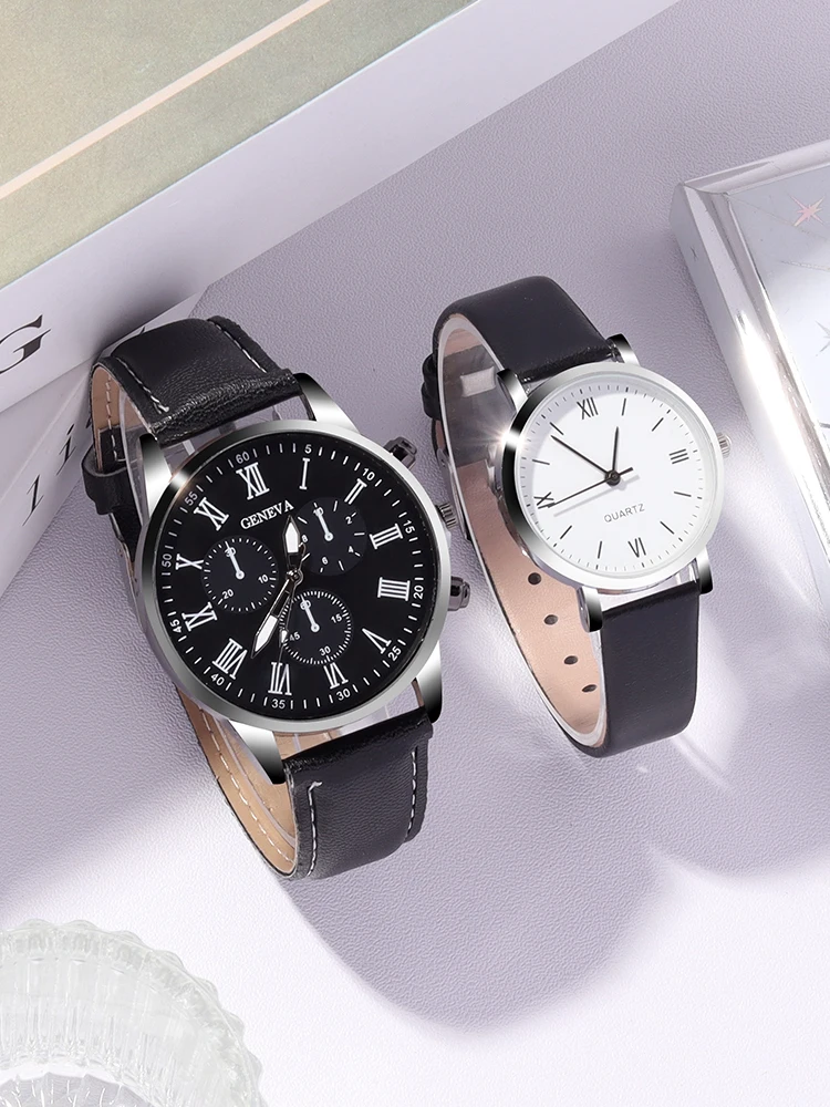 4pcs Fashion, Personalized and Creative Men and Women\'s Couple Belt Quartz Watch Paired with Love Pendant Necklace Combination S