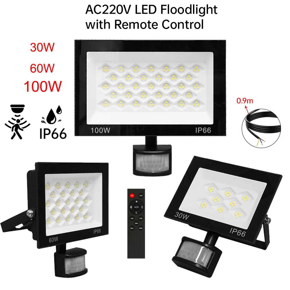 

6500K LED Floodlight PIR Motion Sensor 30W/60W/100W AC220V IP66 Waterproof Spotlight Outdoor Garden Street Lamp with IR Remote