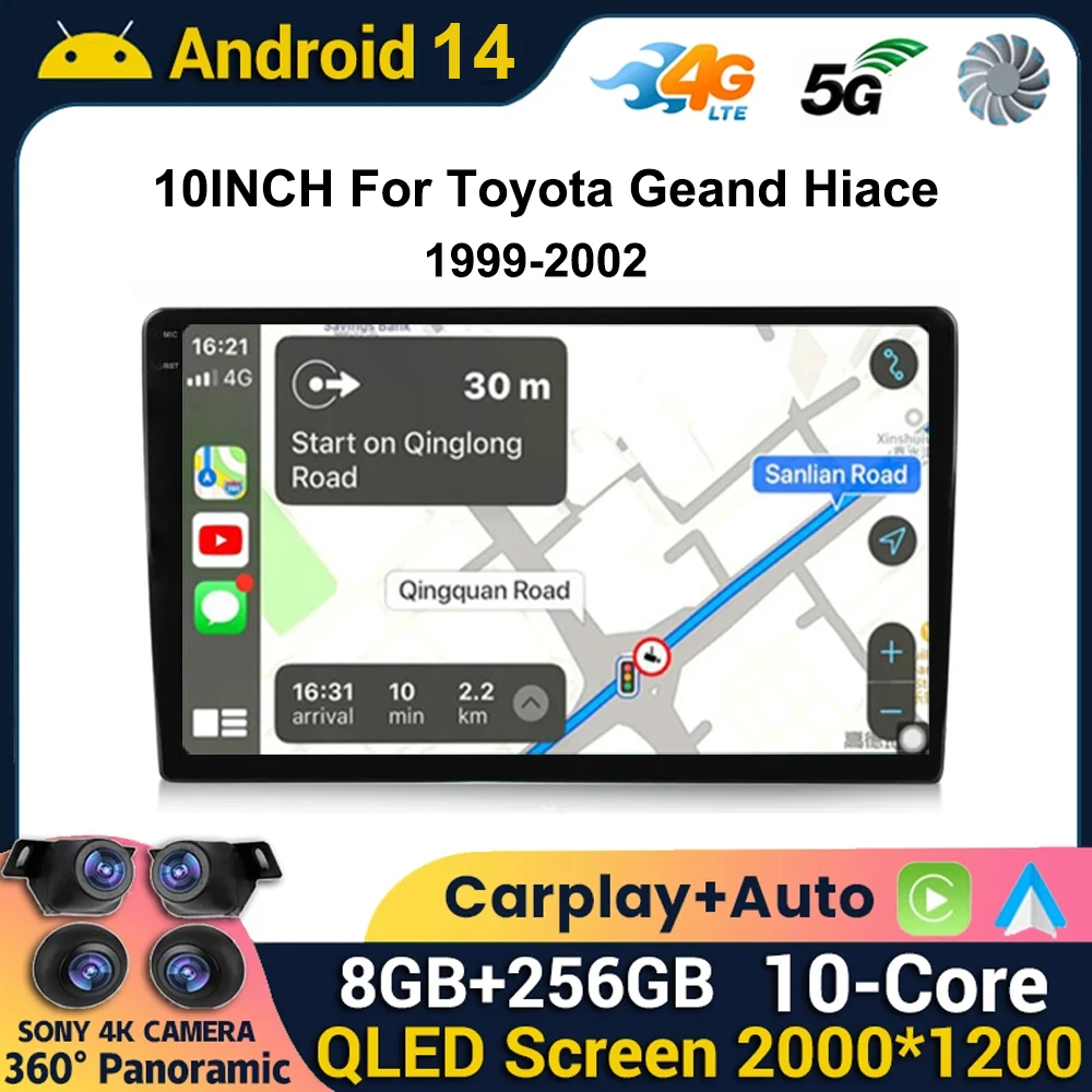 10 Inch Android 13 For Toyota Geand Hiace 1999-2002 Car Multimedia Player Auto Navigation Stereo Head Unit WIFI WIreless Carplay