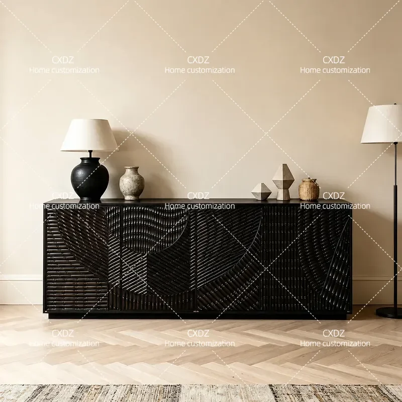 Light Luxury Bamboo Carving Dining Side Cabinet High End Solid Wood Storage Cabinet Modern Floor to Ceiling Entrance Cabinet