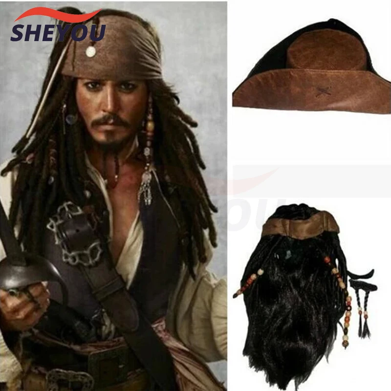 Jack Captain Cosplay Wig Pirates of the Caribbean Captain Jack Sparrow Heat Resistant Synthetic Hair Halloween Wigs + Wig Cap