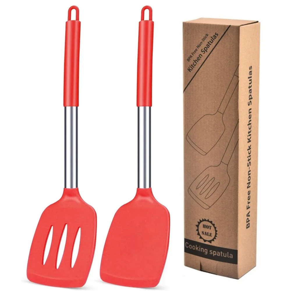 

2 Pieces Silicone Spatula Kitchen Cooking Utensils Stainless Steel Tight Spatula Leaky Spatula Non-stick Cookware Kitchen Tool s