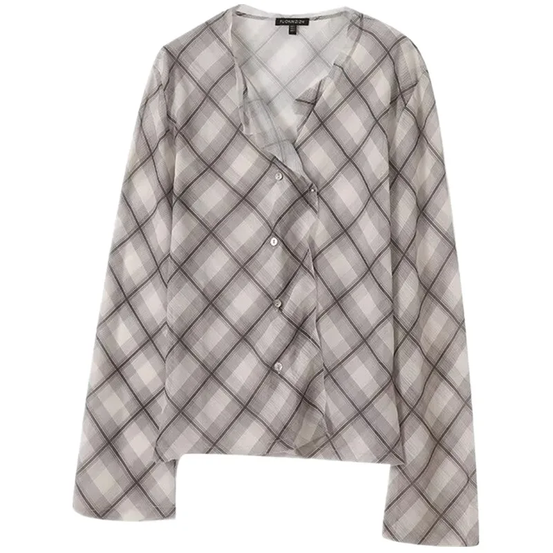 Printemps 2025 Plaids léger semi-transparent pour femmes avec Sves effilochées Long Sve Coupe ample Polyvalent Sle 0528...