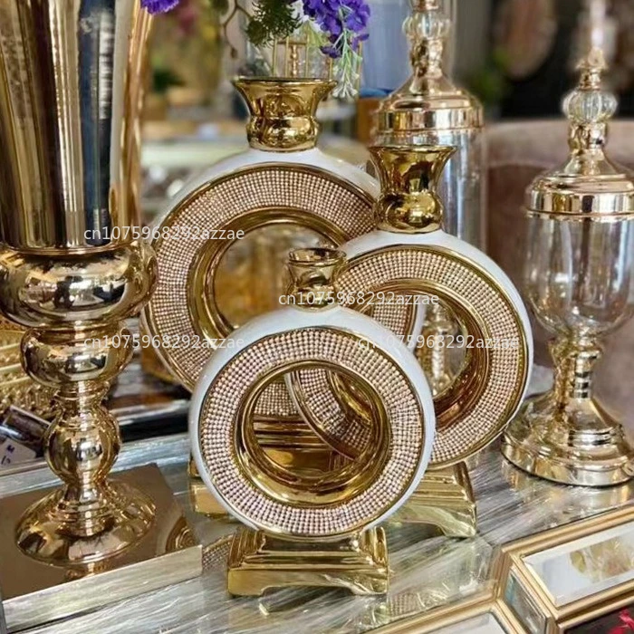 European Electroplating Gold Brushed Pattern Ceramic Flower Arrangement Vase Ornament