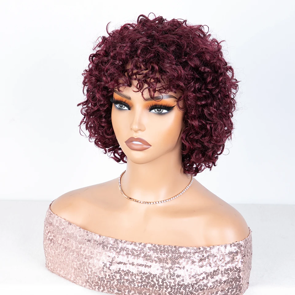 Short Pixie Cut Curly Wigs 100% Real Ready To Wear 4 # Colored Brazilian Hair WIgs 99j Red Colored Human Hair Wigs For Women