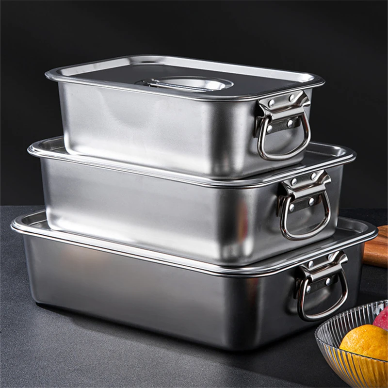 Thicken Stainless Steel Square Basin Deep Plate Fruit Food Storage Tray with Handle Cake Bread Loaf Pans Kitchen Baking Dish