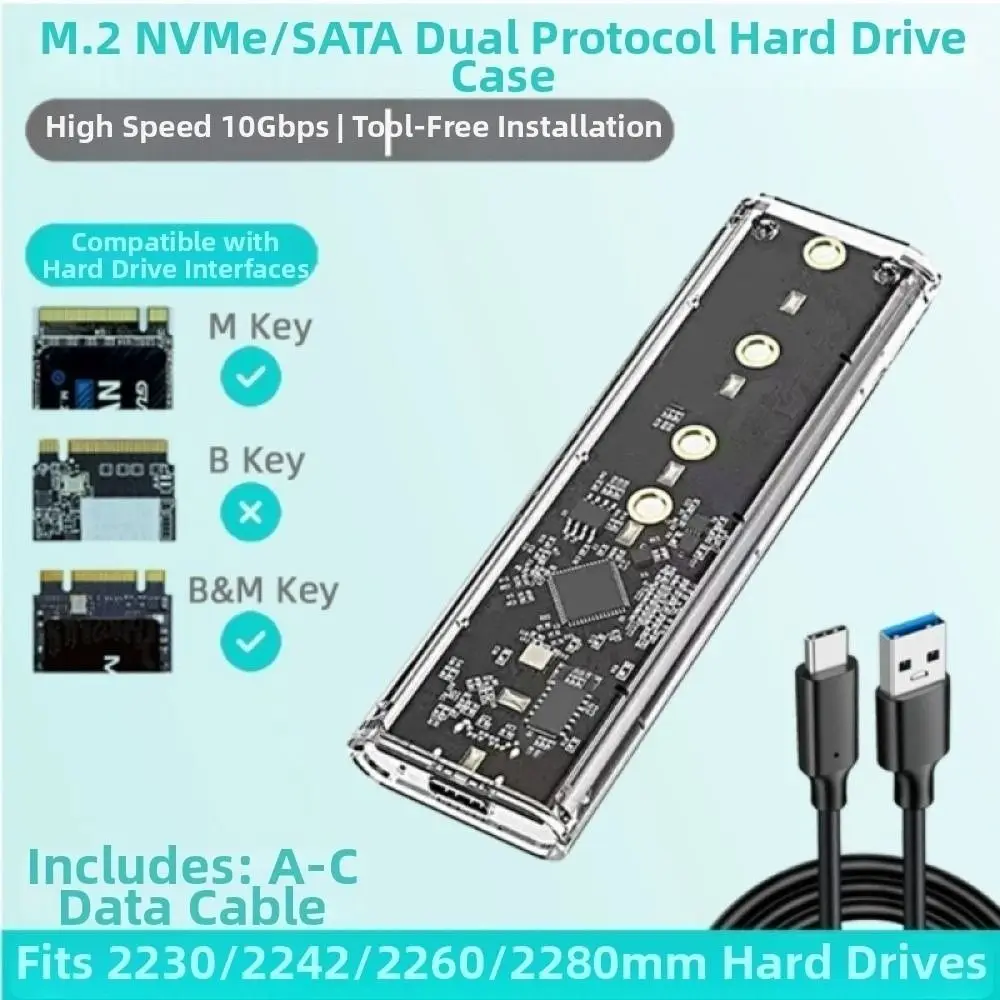 Plastic M.2 SSD Enclosure Transparent Plug and Play NGFF SSD Enclosure SSD Adapter Portable External Hard Disk Box Data Backup
