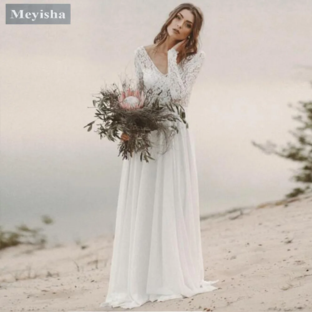 

Customized ZJ6023 Boho Lace Chiffon V-Neck A Line Wedding Dress 2025 Backless Beach Bride Dress Cap Sleeve Sweep Train Bohemian