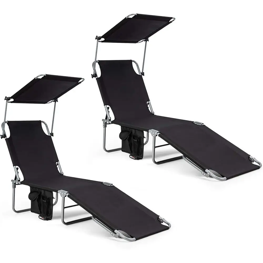 

Adjustable 5-Position Patio Lounge Chair with Shade and Storage, Ideal for Outdoor, Pool, and Beach Use (2, Black)