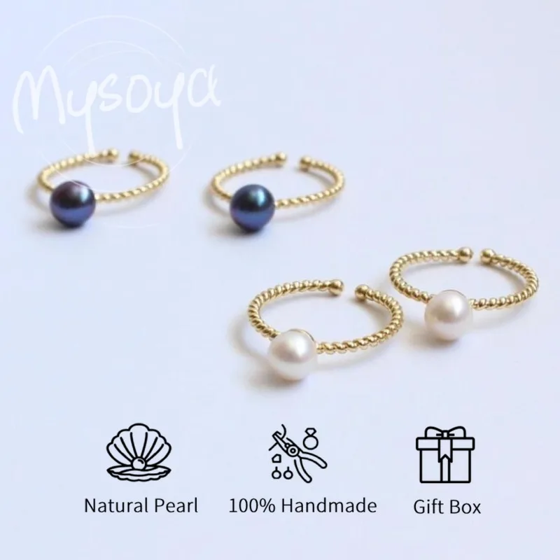 

MYSOYA White/Black Colored Freshwater Pearl Open Ring 7-8mm With Gift Box For Her/Him Wedding/Birthday/Anniversary Gift