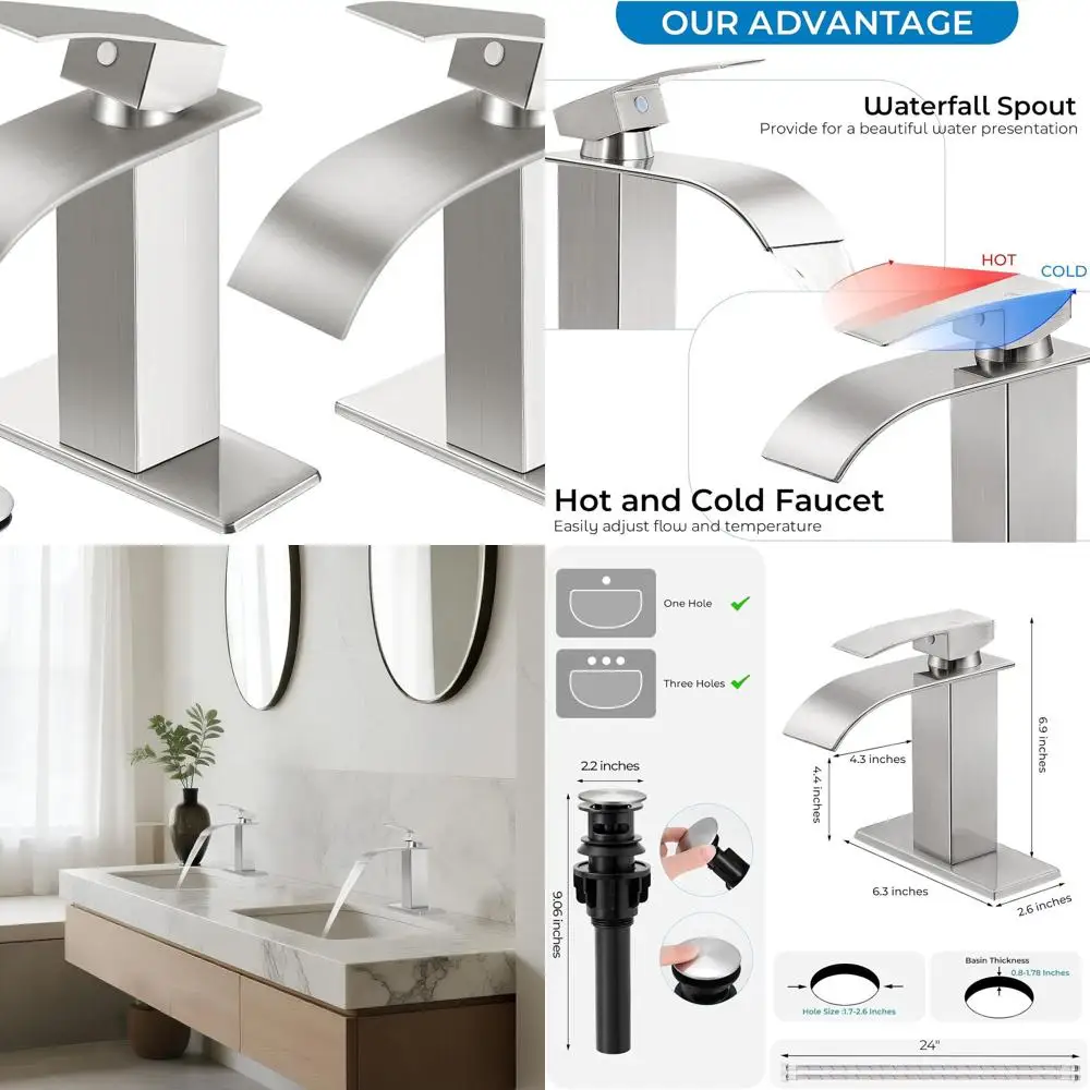 

Modern Brushed Nickel Bathroom Faucets, Single Handle Mixer Tap with Pop-up Drain for Vanity Sinks