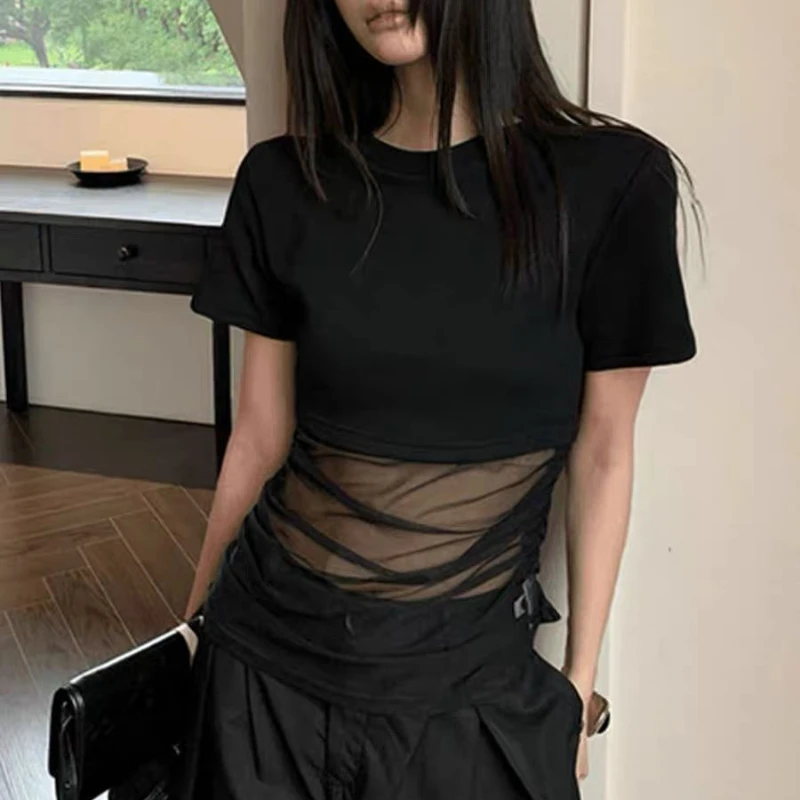 

Deeptown Sexy Black Women Cropped T-Shirts Mesh Patchwork See-through Short Sleeve Tees Slim Korean Fashion Gyaru Summer New