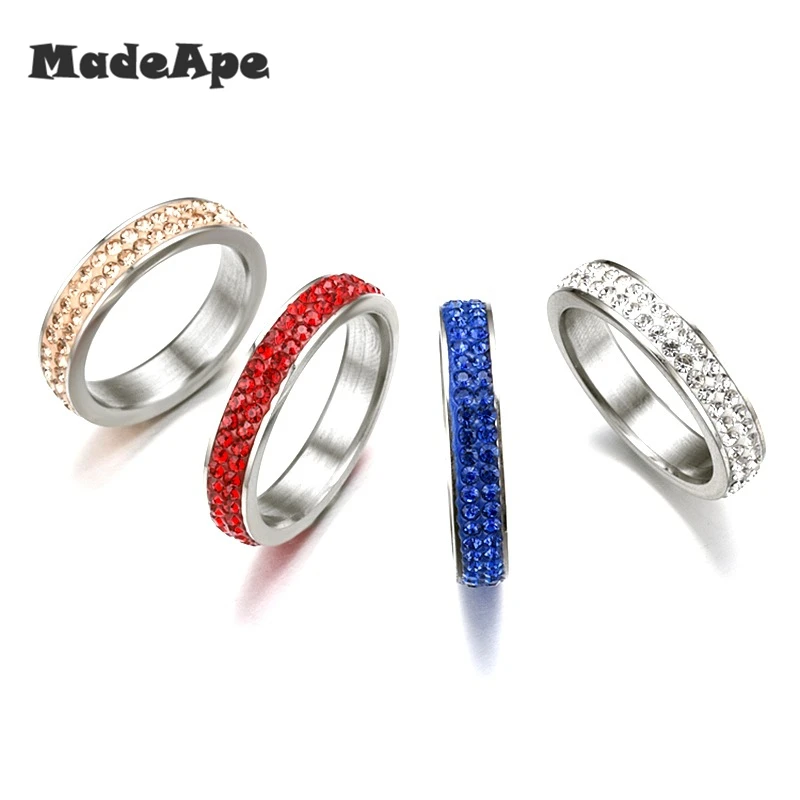 MadApe 3.5mm 2 Row CZ Zircon Wedding Ring Stainless Steel White Brown Blue Red Zircon Women Engagement Rings For Couple Jewelry