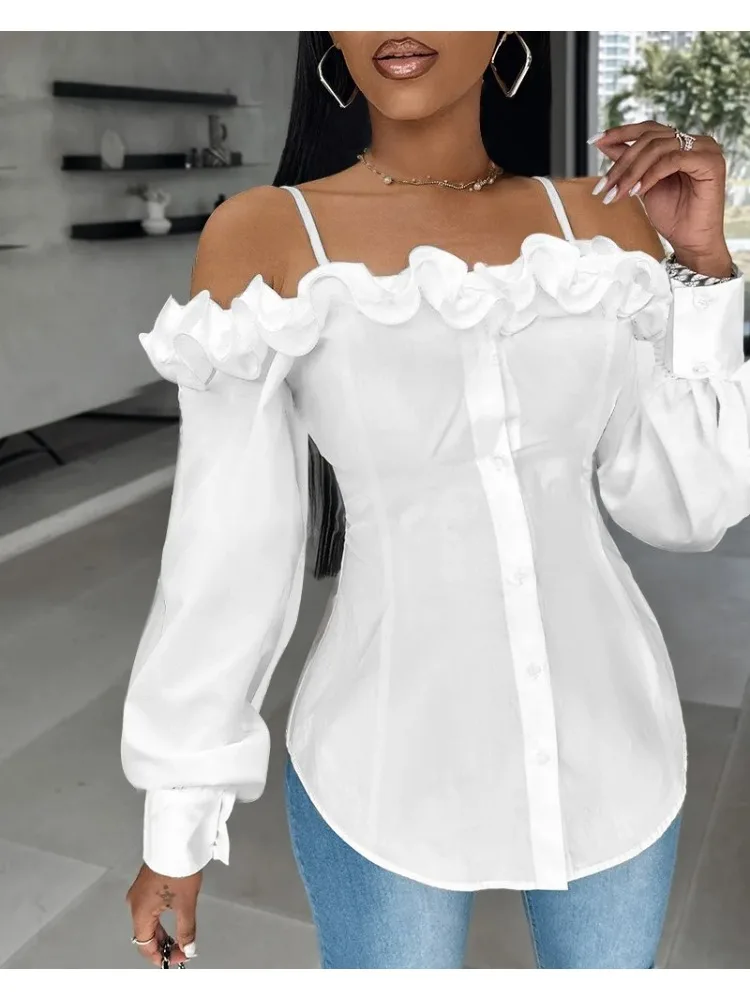 Sexy Ruffle Design Blouses & Shirt for Women Tops Summer Casual Buttoned Off Shoulder Top Elegant Woman Clothing Trend 2024