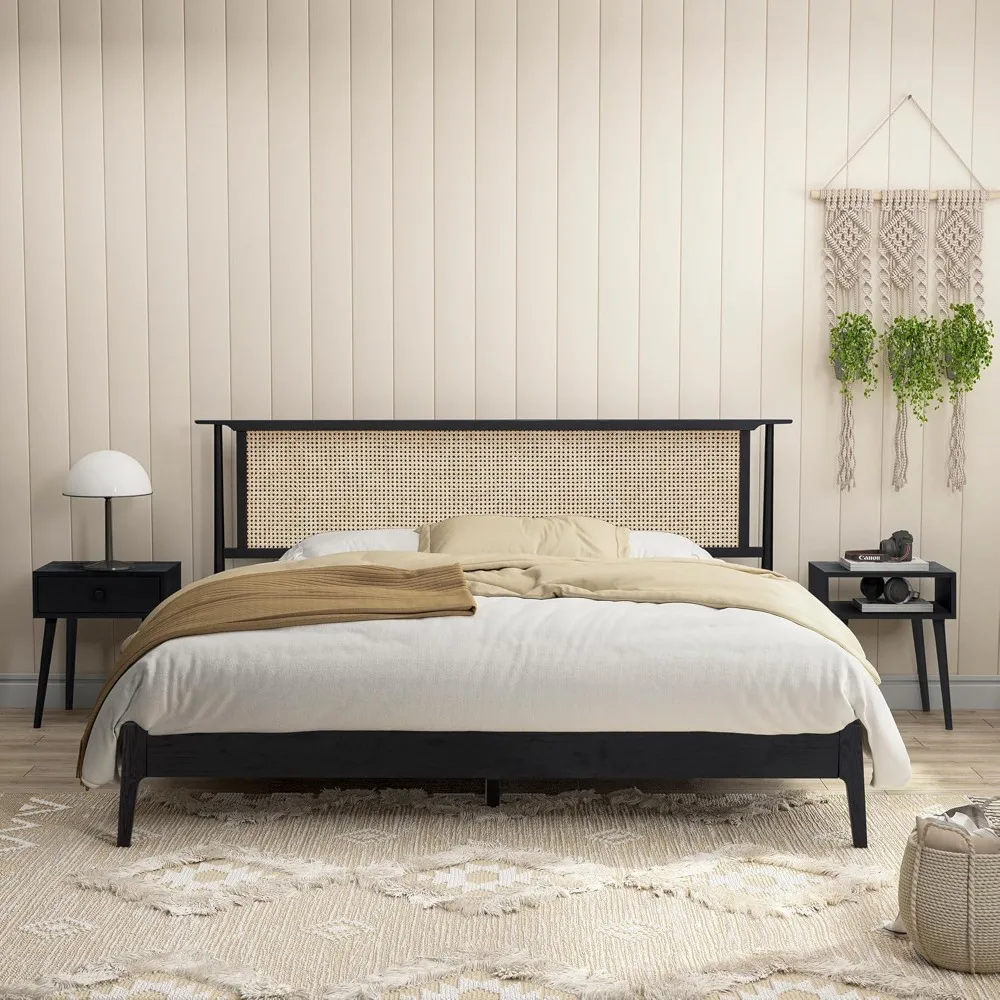 

NTC Ruby Wooden Bed Frame with Headboard and Natural Rattan, Solid Oak Foundation with Silent Slats, 1000 Lb Capacity, Effortles