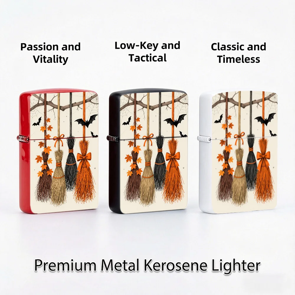 Whimsical halloween Flip Top Lighter lighters vintage Witch Broom Bow Maple Leaf Bat Spider Web Art Print lighters for smokers