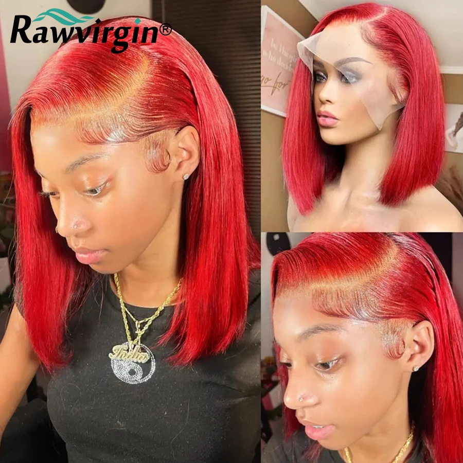 

Red Colored Short Straight Bob Wigs Preplucked 13x4 HD Transparent Lace Front Human Hair Wigs Brazilian Remy Hair Wigs For Women