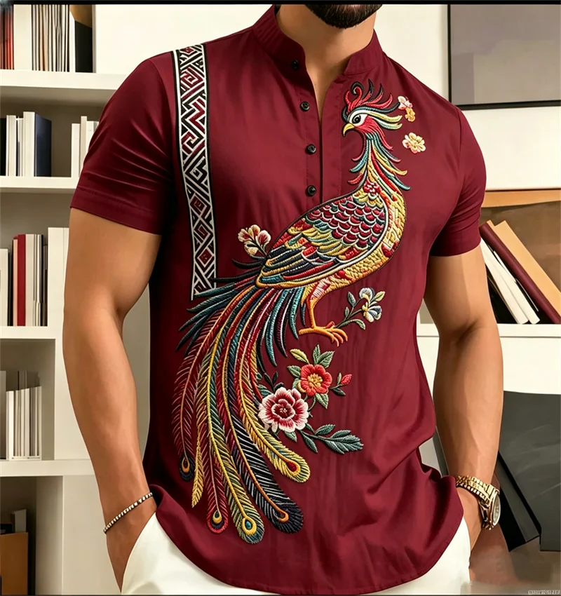 New men's ethnic style short sleeved Henry shirt with dark green phoenix flower and bird print personalized top