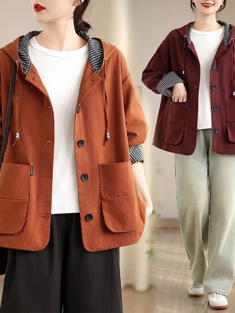 Pure Cotton Jacket For Women 2025 Spring And Autumn Korean Version Loose Plaid Patchwork Hooded Casual Versatile Wndbreaker W626