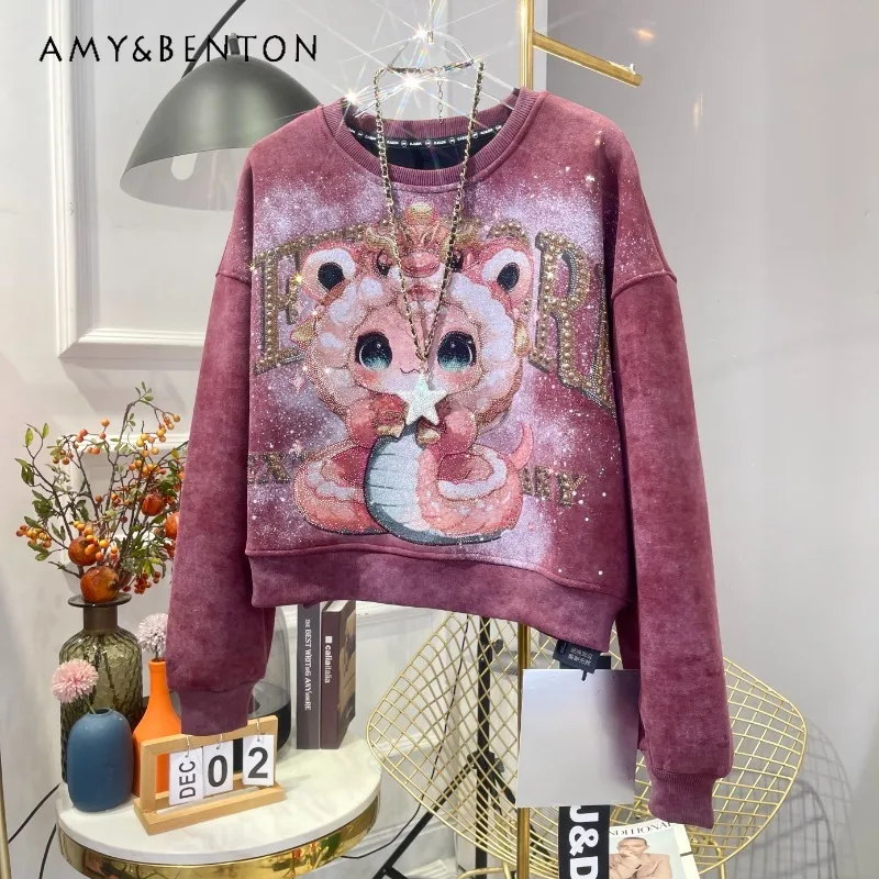 

Winter Velvet New Heavy Industry Diamond Drills Cartoon Sweatshirts Velvet Printing Short Good-looking Streetwear Pullover Women